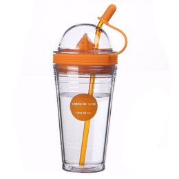 Lemon juice cup lid, Double plastic cups, Straw cup juice, Orange.