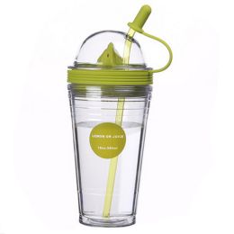 Lemon juice cup lid, Double plastic cups, Straw cup juice, Green.