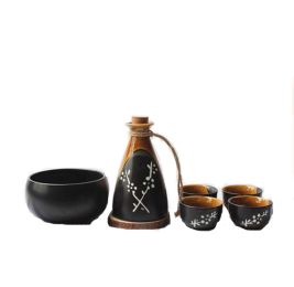 Set of 6 Japanese Style Ceramic Cup Sake Pot Winebowl Set, Black