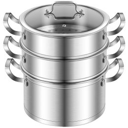 3 Tier Stainless Steel Steamer Pot Steaming Cookware Saucepot with Handle - Sliver