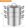 3 Tier Stainless Steel Steamer Pot Steaming Cookware Saucepot with Handle - Sliver